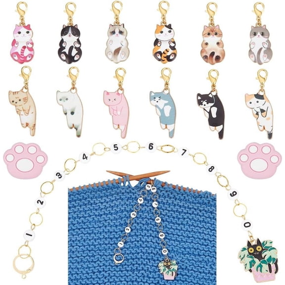 1 set 15pcs DIY Knitting Tool Kits including Cat Alloy Enamel Pendant Stitch Markers Acrylic Beaded Knitting Row Counter Chains Paw Print Silicone Knitting Needle Stoppers Mixed color 2.35~23.8cm