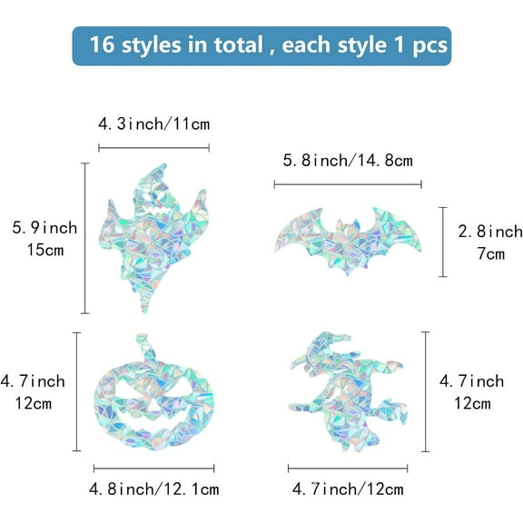 1 set 16Pcs 4 Styles Window Clings Prism Window Stickers Ghosts Pumpkins Bats Witches Static Window Decals Rainbow Suncatcher Vinyl Film for Glass Sliding Door Prevent Birds Strikes