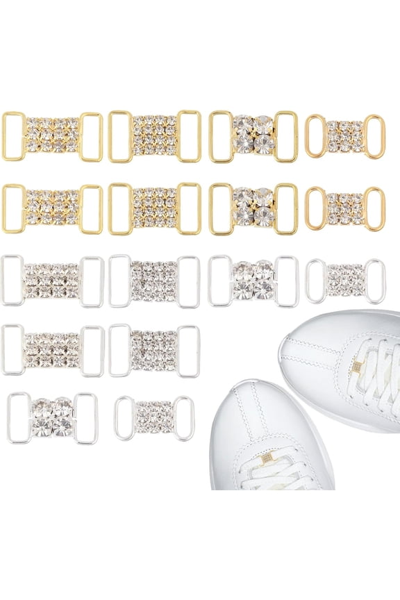 1 set 16pcs 8 styles Alloy Rhinestone Connector Charms Rectangle Links Ornament for Bikini Decoration Golden Silver 21~30x12~15mm 2pcs/style