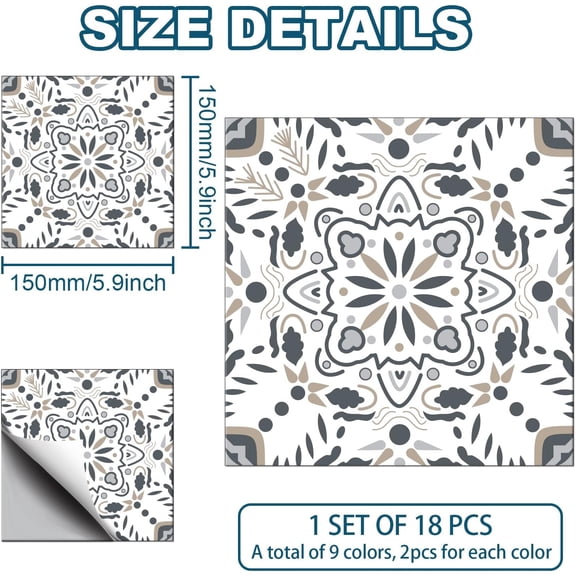1 set 18pcs 9 Styles Retro Geometric Pattern Tile Stickers Waterproof Tile Stickers Square with Flower Pattern for Kitchen Bathroom Bedroom Wall Floor Decoration Floral 6X 6inch