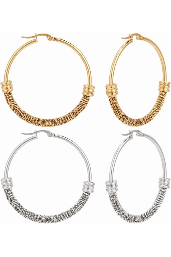1 set 2 Pairs 2 colors 304 Stainless Steel Mesh Chains Hoop Earrings Golden & Stainless Steel color 47x6mm 1 pair/color 304 Stainless Steel