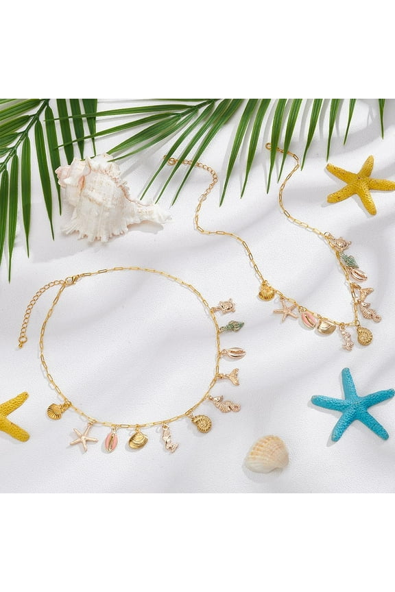 1 set 2 Pcs Ocean Theme Paperclip Chains Necklaces Golden Sea Animal Chains Metal Starfish Shell Conch Pendants for DIY Earring Necklace Bracelet Jewelry