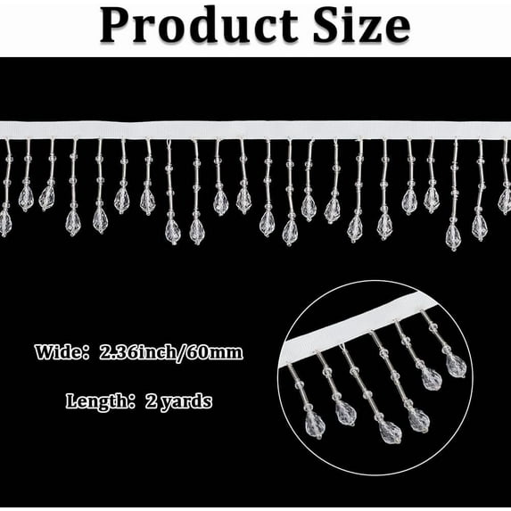 1 set 2 Yards Bead Tassel Ribbon 2.4 Inch White Beaded Fringe Trim Irregular Edging Trimming Applique Fringe with Hanging Resin Bead for DIY Sewing Crafts Curtain Clothing Home Decor