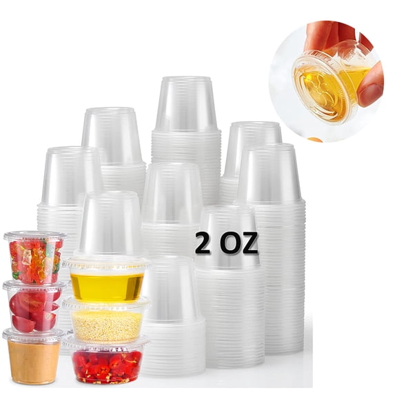 [1 set - 2 ounces] Jello Shot cup, small plastic container with lid, sealed and stackable partial cup, salad sauce container, dip sauce cup, condiment cup, suitable for lunch, party, travel