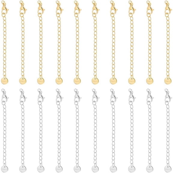 1 set 20 pcs 2 colors Stainless Steel Chain Extender Curb Chain Extension with Teardrop Charms 55~63mm End Chains Chain Extension Tails Bracelet Necklace Extension Chain for Jewelry Making