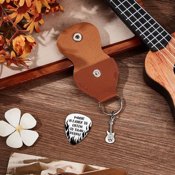 1 set 201 Stainless Steel Guitar Picks with PU Leather Guitar Word Picks: 35x28mm Holder: 110x52mm Picks Holder Plectrum Guitar Accessories