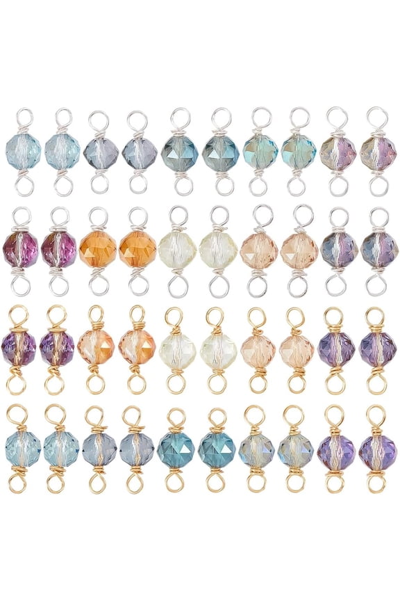 1 set 20pcs 10 colors Faceted Round Glass Connector Charms with Copper Wire Double Loops Mixed color Golden Silver 20mm 2pcs/color