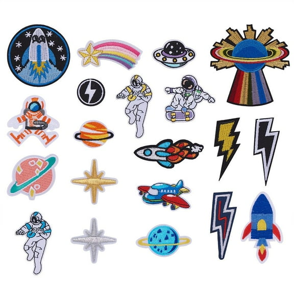 1 set 20pcs 20 style Computerized Embroidery Cloth Iron on/Sew on Patches Costume Accessories Planet Spaceman Clothes Rocket Airplane UFO Sun Star Lightning Mixed color 30~100x22~96x1~1.5mm 1pc/style