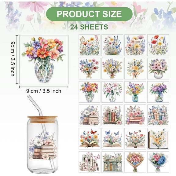 1 set 24 Sheets Flower Book Rub on Transfers for Crafts Floral Theme Rub on Transfer Stickers PVC Rub on Decal for DIY Cups Home Furniture Window Wood 8x8cm