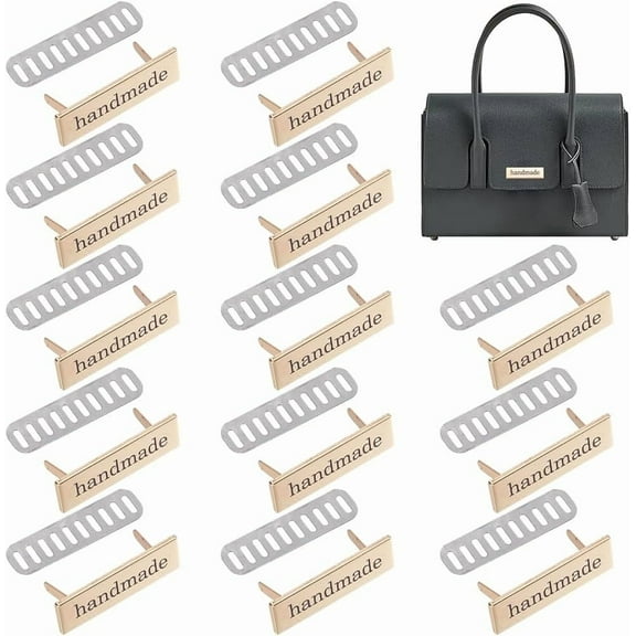 1 set 24pcs Alloy Handmade Label Tags with Iron Shim for bag Making Rectangle with Word Handmade Golden 12x40x16.5mm