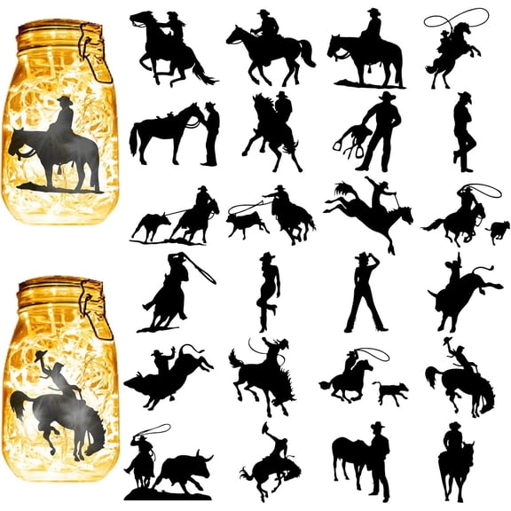 1 set 24pcs Cowboy Silhouettes Mason Jar Decor Western Laser Cut Cardboard Scrapbook Cutouts Die Cuts PVC for Crafting Lantern Jars Wall Painting Windows Glass Phones 3.9x3.5Inch-No Sticker