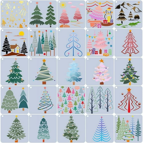 1 set 25pcs Christmas Tree PET Plastic Drawing Painting Stencils Templates Tree 102x102x0.4mm Hole: 5mm