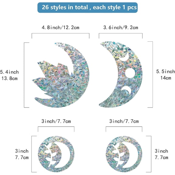 1 set 26PCS Moon Window Clings Anti Collision Rainbow Window Glass Alert Prism Decals for Birds Strike Non Adhesive Vinyl Film Home Decorations Sliding Doors Windows Glass Suncatcher