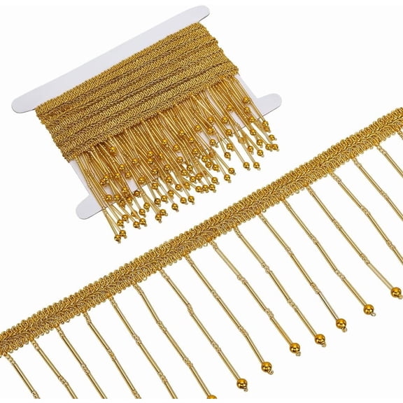 1 set 2M Glass Seed Bead Tassel Ribbons Garment Accessories Goldenrod 4-1/8 inch(105mm) 2.19 Yards(2m)/pc