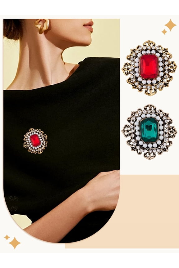 1 set 2pcs 2 colors Baroco style Alloy Rhinestone Safety Pin Brooches Flower Antique Silver & Antique Golden 44x43mm 1pc/color