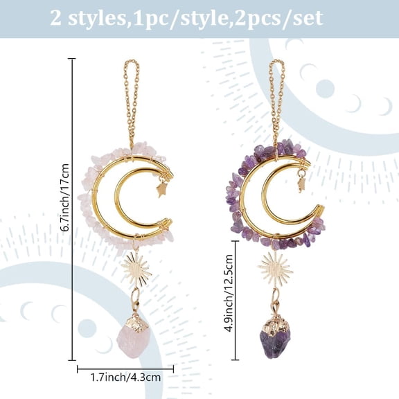 1 set 2pcs Natural Rose Quartz Amethyst Pendant Decorations with Golden Brass Findings Moon 170mm 2pcs/set