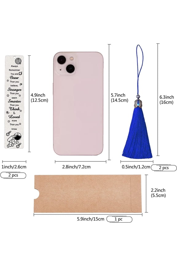 1 set 2pcs Stainless Steel Bookmark Silver Lettering Bookmark with Tassel Pendant and Kraft Paper bag for Book Lovers Teacher Students (Always remember you are braver stronger smarter loved)