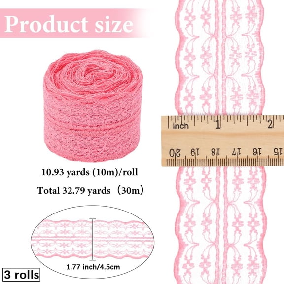 1 set 3 Rolls 11 Yards Floral Lace Ribbon Lace Trim 1.77 Inch Floral Pattern Fabric for Crafts Bridal Wedding DIY Jewelry Hair Bow Making Craft Clothes Accessories Gift Wrapping Pale Violet Red