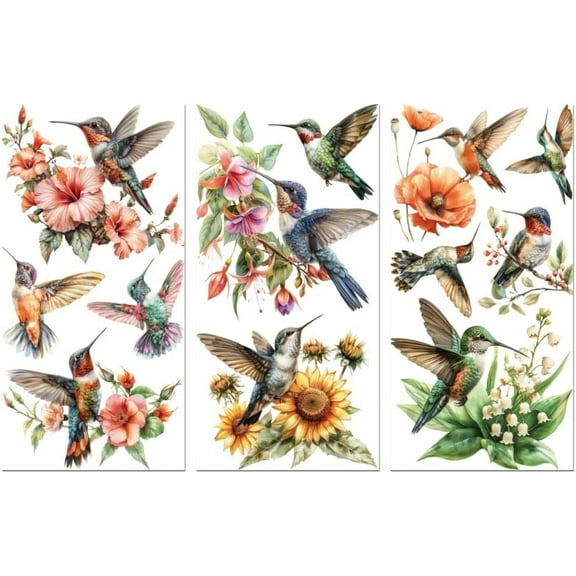 1 set 3 Sheets 3 styles Flower PVC Waterproof Decorative Stickers Self Adhesive Floral Decals for Furniture Decoration Hummingbird 300x150mm 1 sheet/style