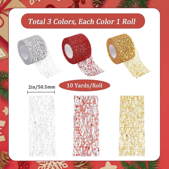 1 set 30 Yards 3 styles Sparkling Mesh Ribbon 2 Inch Width Satin Organza Metallic Web Glitter Sequins Decorative Wire Edge Tulle Roll Spool Fabric Net for Gift Wrapping Christmas Tree