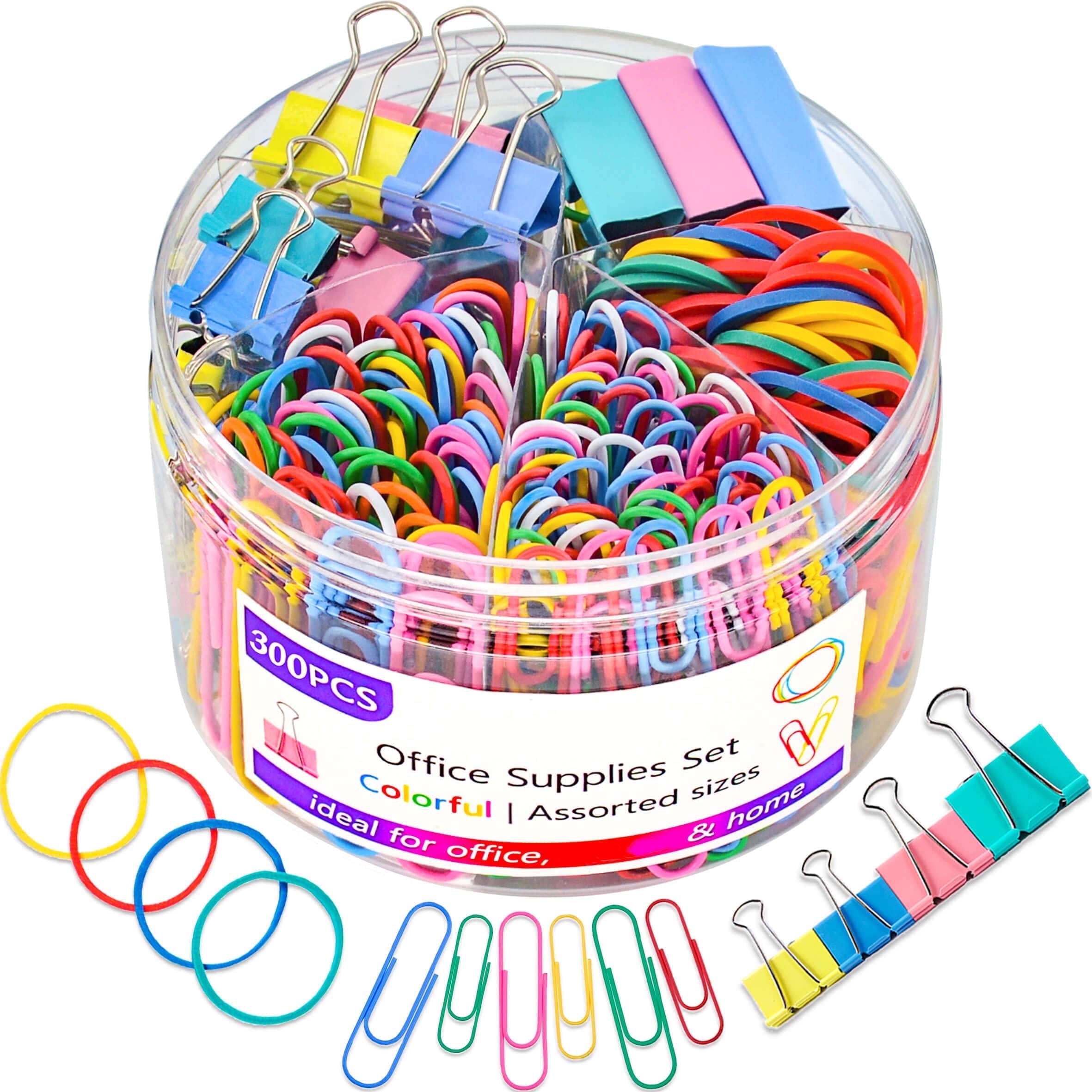 1 set/300 pcsPaper Clips Binder Clips, Colored Office Clips Set - Assorted Sizes Paperclips Paper Clamps Rubber Bands for Office and Document Organizing