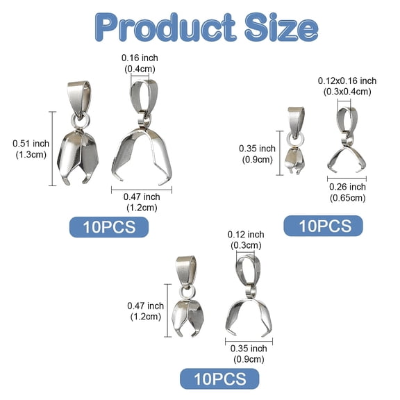 1 set 30pcs 3 styles 304 Stainless Steel Ice Pick Pinch Bails Stainless Steel color Pinch Bail: 9~13x6.5~12x2.5~4.5mm 10pcs/style