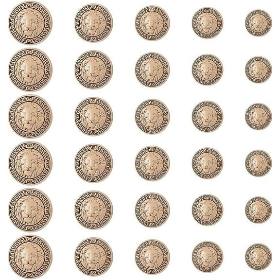 1 set 30pcs 5 styles Zinc Alloy Buttons 1-Hole Flat Round with Lion Pattern Antique Golden 15~25x9~10mm Hole: 2mm 6pcs/style