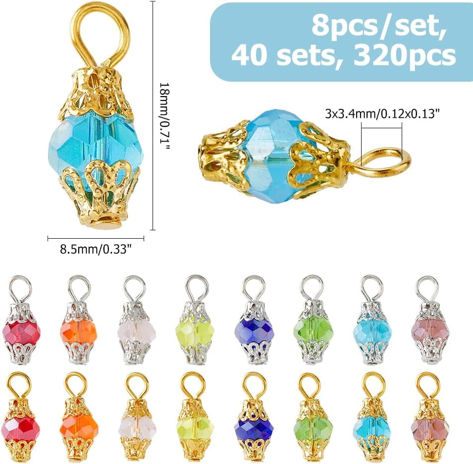 1 set 320pcs 6 Colors Dangle Charms Colorful Glass Pendants Glass Drop Bead Charm with Golden & Platinum Bead Cap for Necklace Bracelet Earring Jewelry Making