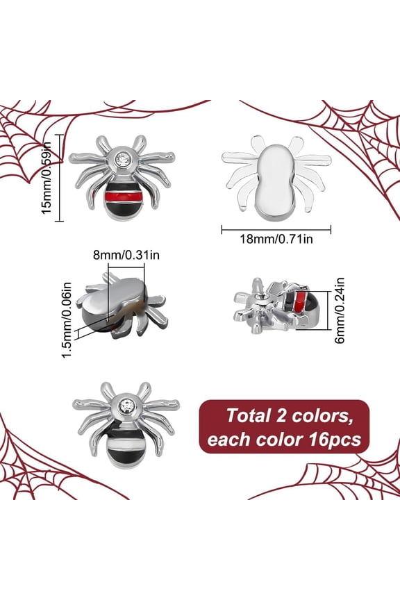 1 set 32pcs 2 colors Alloy Rhinestone Slide Charms with Enamel Spider Mixed color 15x18x6mm Hole: 8x1.5mm 16pcs/color