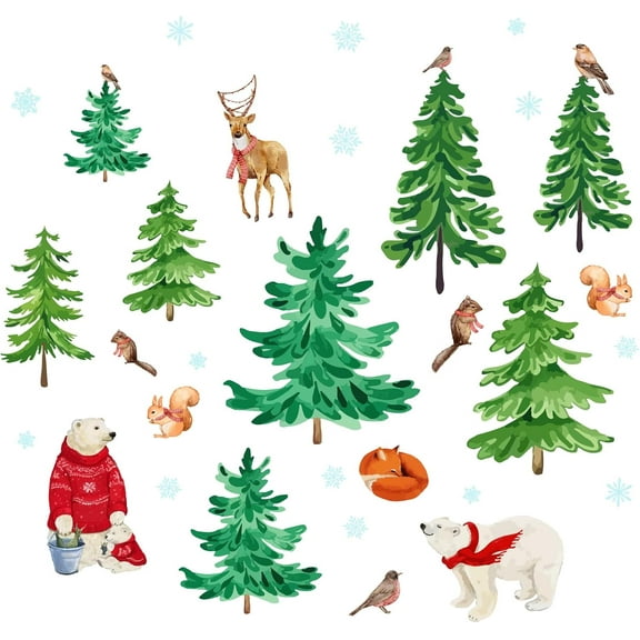 1 set 34 Pieces Forest Wall Decal Christmas Tree Bear Wall Sticker Wild Animal Nursery Vinyl Wall Decals Pine Tree Deer Fox Decorations for Christmas Kids DIY Bedroom
