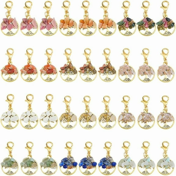 1 set 36pcs 12 styles Tibetan style Alloy Natural Gemstone Chips Tree of Life Pendants Decorations Lobster Claw Clasps Charms for bag Ornaments Golden 35mm 3pcs/style