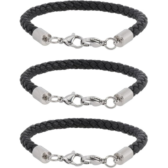 1 set 3pcs Imitation Leather Wrap Wide Cord Bracelet with Stainless Steel Lobster Clasp for Men Women Black 7-1/8x1/4 inch(18x0.5cm)