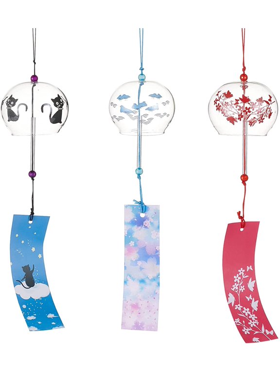 1 set 3pcs Japanese Wind Chimes Red/Blue/Black Glass Wind Bells Handmade Pendants for Birthday Gift and Home Decors