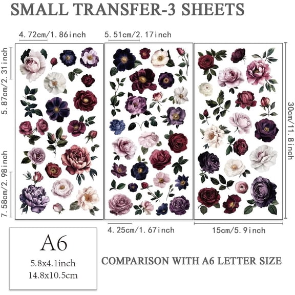 1 set 3pcs/Set Dark Flowers Pattern Rub on Transfers for Furniture and Crafts 6x12 inch Can be Spliced Furniture Decals Floral Theme Transfer Stickers Rub on Decals for Wood Furniture Home Decor