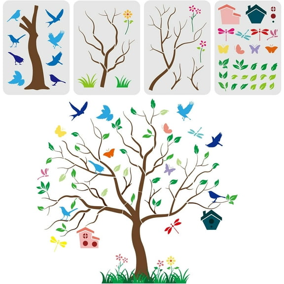 1 set 4 pcs Nursery Tree Layered Wall Stencil Templates 29.7x21cm Plastic Plan Nature Stencils Reusable PET Decoration Stencil for Painting on Wood Floor Wall and Fabric