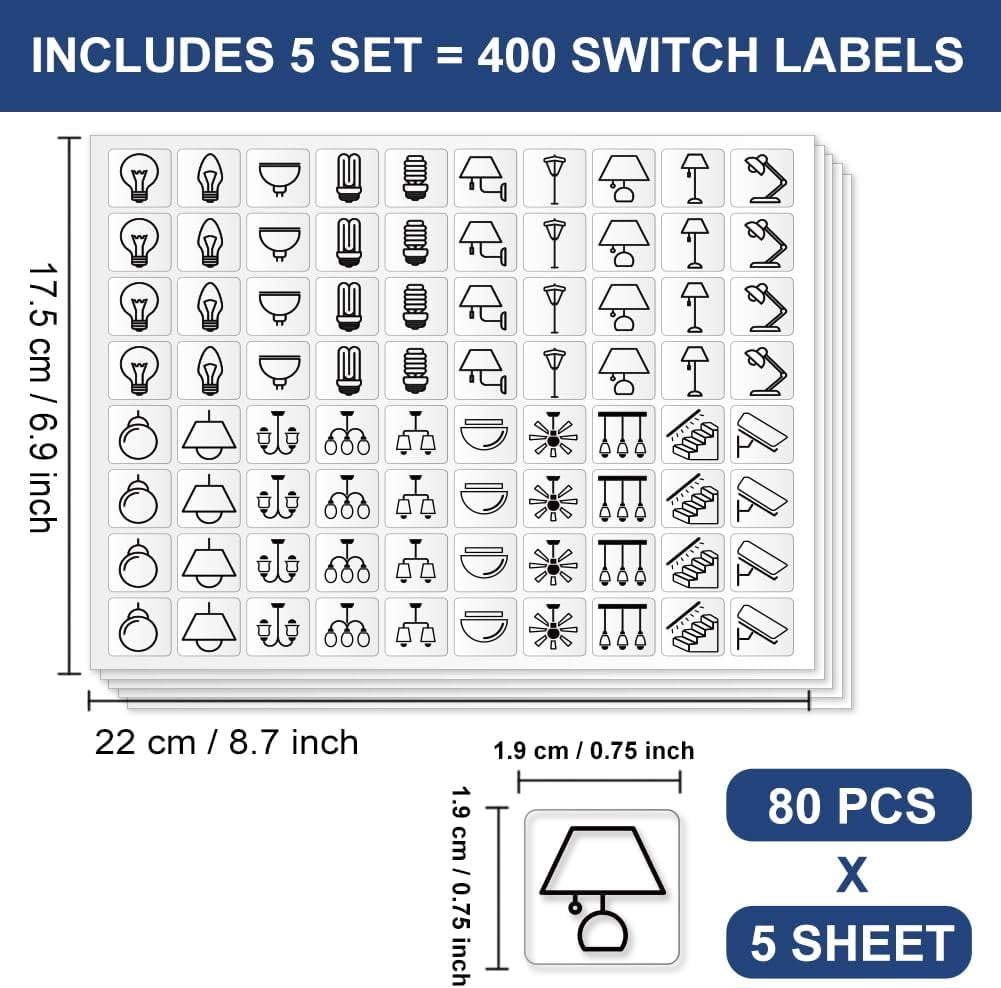 1 set 400 Pcs Light Switch Sticker Labels 20 Designs Black Switchboard ...