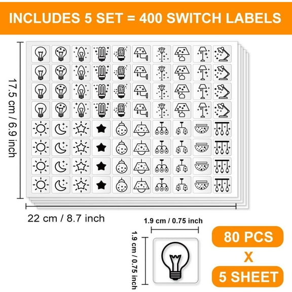 1 set 400 Pcs Light Switch Sticker Labels 20 Designs Transparent Switch ID Stickers Black Switchboard Label Decals for Home Kitchen Bathroom Office School