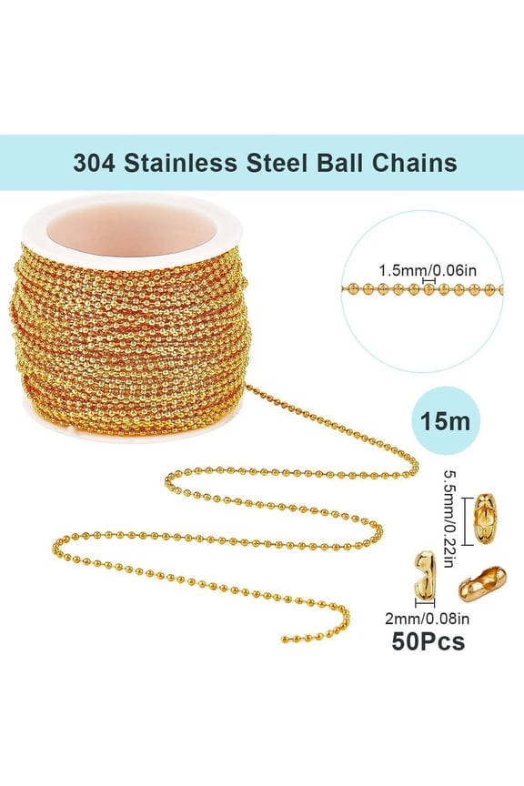 1 set 49 Feet/15M 1.5mm Brass Ball Chain Metal Bead Chains Gold Beaded Dog Tag Chains Roll Connectors Cord End Clasps Link for Jewelry Making Supplies Necklace Bracelet Women Hanging Ornament