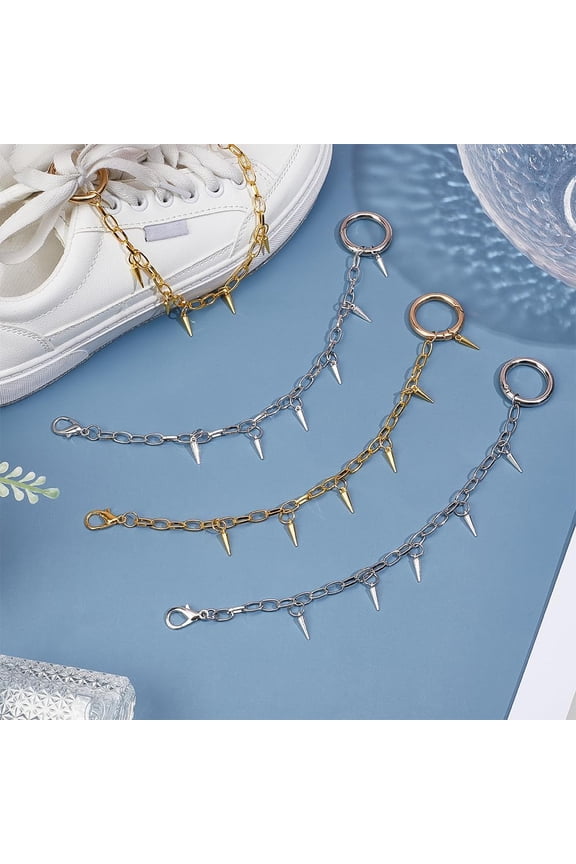 1 set 4Pcs Shoe Chains 26cm Long Metal Shoelaces Charms Chains Punk Rivet Ring Decoration Sandals Chain Boot Strap Chains for DIY Women Sneakers Casual Shoes Decoration