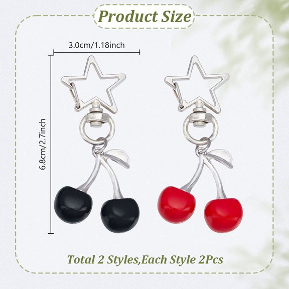 1 set 4pcs 2 colors Cherry Alloy Enamel Pendant Decorations with Star Alloy Swivel Clasps for Keychain Purse Backpack Ornament Mixed color 68mm 2pcs/color