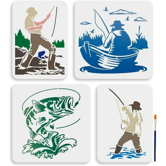 1 set 4pcs Fishing Template 11.8x11.8/11.7x8.3inch Fisherman in Fishing Boat Stencil Reusable Fisherman Lake Fishing Rod Drawing Stencil for Wall Home Decor DIY Craft Canvas
