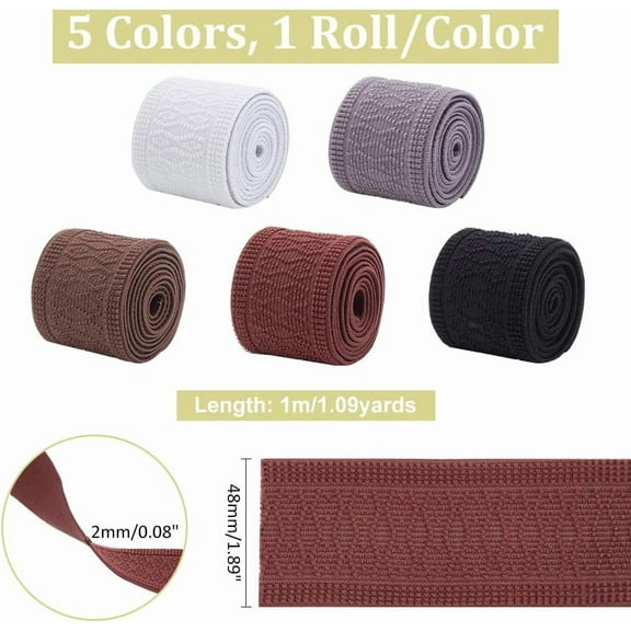 1 set 5.5 Yards/ 5m Elastic Bands 4.8cm/ 1.9inch Wide Elastic Band 5 Colors Flat Sewing Stretchy Band Heavy Stretch Strap for Crafts DIY Sewing Headbands Hair Bands Waistband Bedspread Cuff