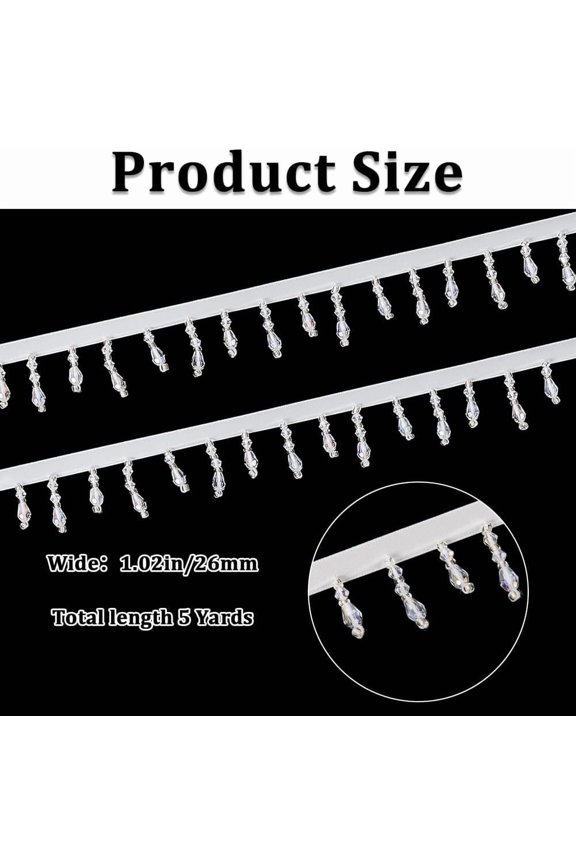 1 set 5 Yards Beaded Fringe Trim 1 Inch White Bead Tassel Ribbon Irregular Edging Trimming Applique Fringe with Hanging Glass Pendants for DIY Sewing Crafts Curtain Clothing Home Decor