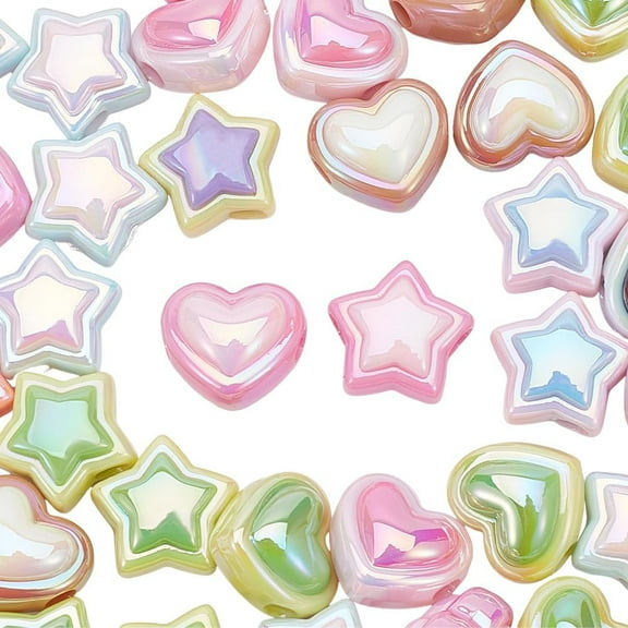 1 set 50Pcs 2 Styles Star Pen Bead Focal Acrylic Beads Colorful Opaque Heart Chunky Bubblegum Beaded Smooth Shiny Loose Spacer Bead for Jewelry Making Beadable Pens Charms Bracelets Decorations