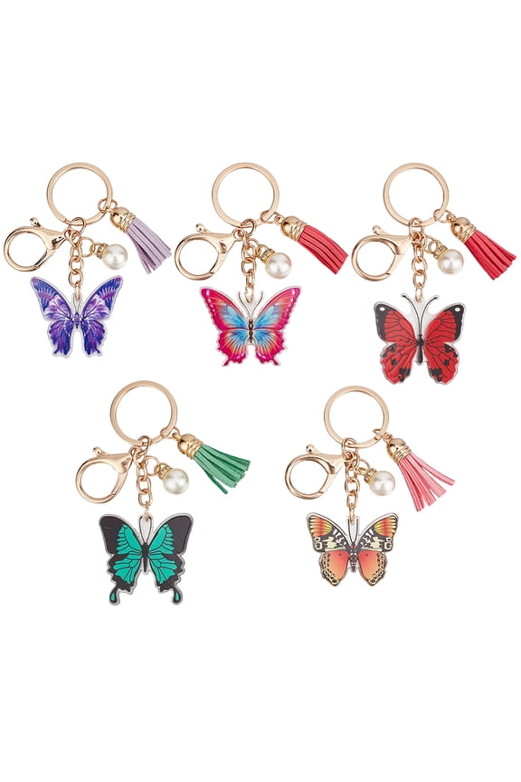 1 set 5pcs 5 colors Acrylic Keychains bag Purse Decorations with Imitation Pearl Beads Butterfly Mixed color 9x4cm 1pc/colors