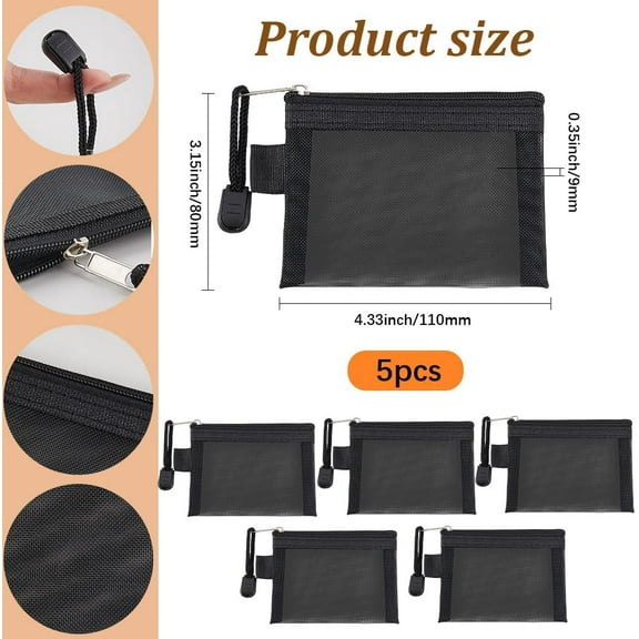 1 set 5pcs Nylon Mesh Pen bag with Iron Zipper Rectangle Black 80x110x9mm
