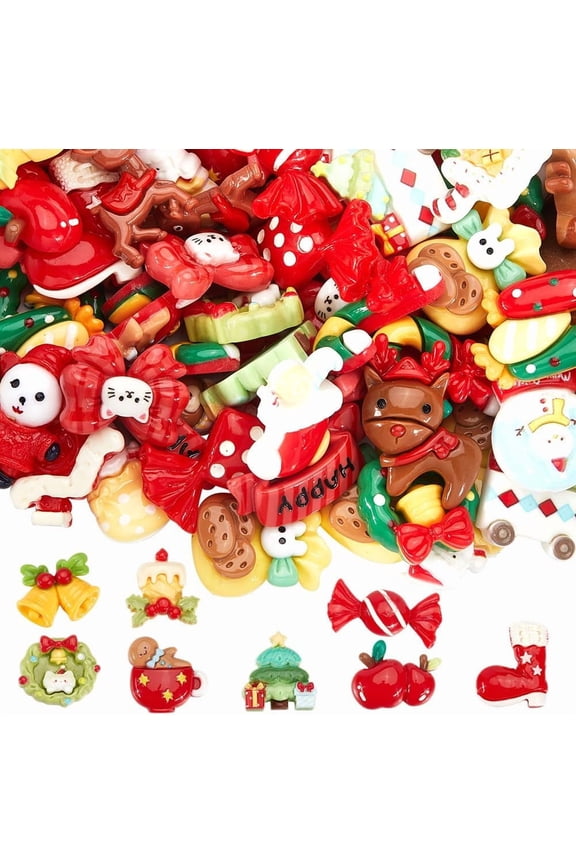 1 set 60pcs Christmas Resin Cabochons Flat Back Resin Charms Colorful Opaque Santa Claus Gingerbread Man Cute Decoden Flatback Charm Ornaments for Christmas Jewelry Hair