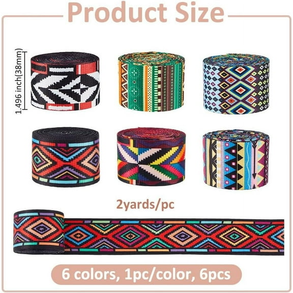 1 set 6Rolls 2Yards Polyester Vintage Jacquard Ribbon Trim Thick Embroidered Lace Ribbon 6Colors Ethnic Embroidery Lace Trim Fringe Boho Persian Tape for Clothing Decoration 1-1/2 inch(38mm)