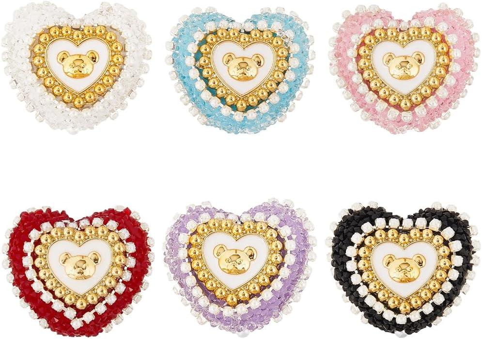1 set 6pcs 6 colors Acrylic Plastic Beads with Rhinestone Heart with