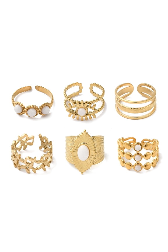 1 set 6pcs 6 style Butterfly Horse Eye Multi Lines 304 Stainless Steel Open Cuff Rings set Natural White Jade Stackable Rings Real 18K golden Plated Inner Diameter: 17~18mm 1pc/style